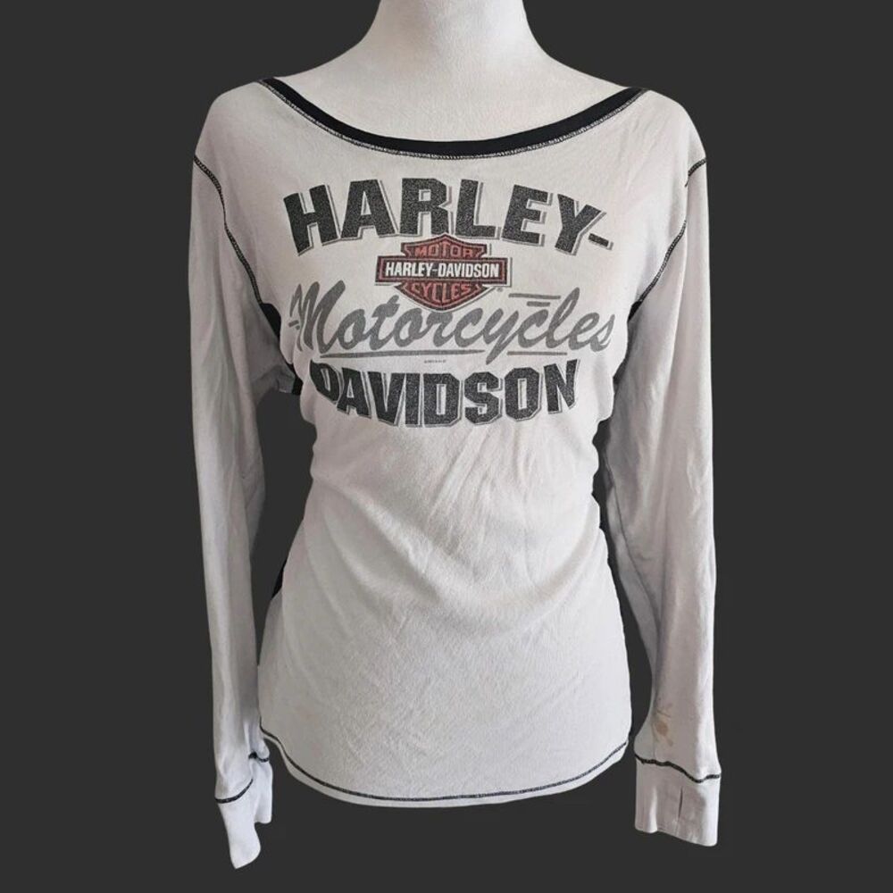 Y2K Harley-Davidson Motorcycles Contrast Stitch Boatneck Top Long SleeveSize M/L